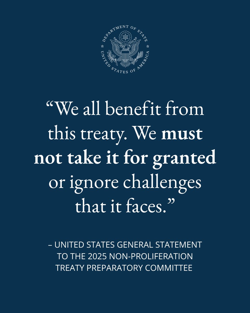 ISN Sr. Bureau Official Paul Watzlavick reaffirmed the U.S. commitment to the NPT at the 2025 #NPTPrepCom. Read the U.S. statement here: state.gov/2025-preparato…