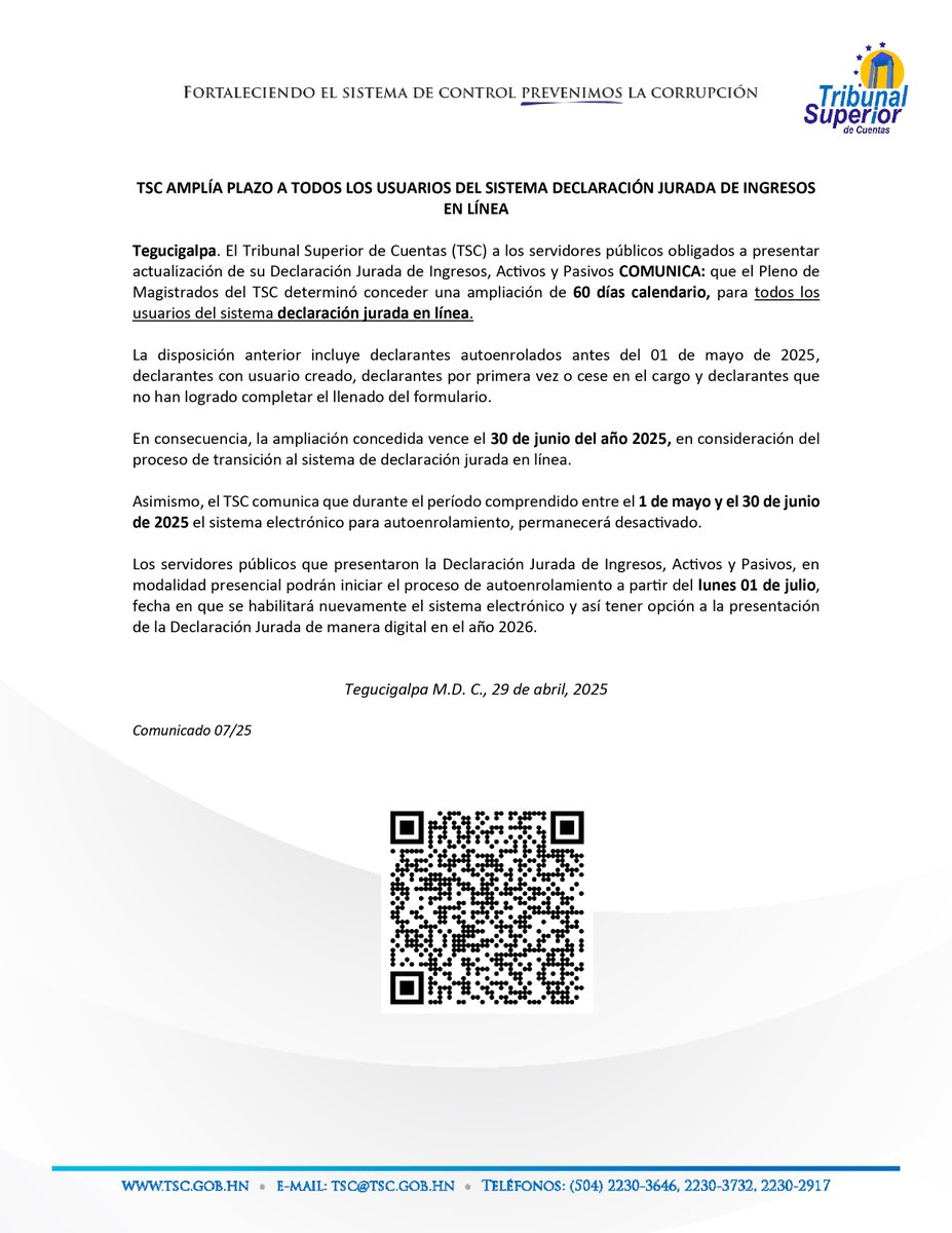 ⚠ ¡ATENCIÓN! TSC AMPLÍA PLAZO A TODOS LOS USUARIOS DEL SISTEMA DECLARACIÓN JURADA DE INGRESOS EN LÍNEA 💻

👉 goo.su/8v8slel