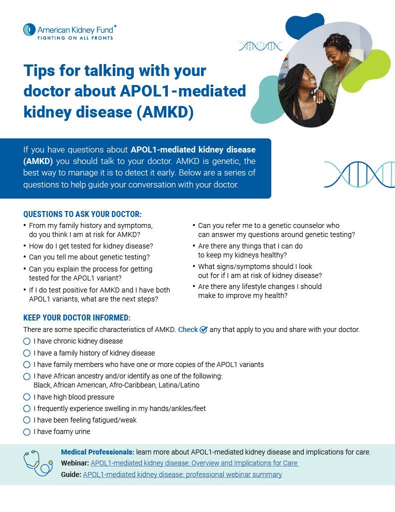 kapsi1911's tweet photo. Today is AMKD Awareness Day and American Kidney Fund has some tips on how to talk to your doctor about APOL1-medicated kidney disease! #apol1aware #amkd @VertexPharma https://t.co/vxbaMVfVNJ