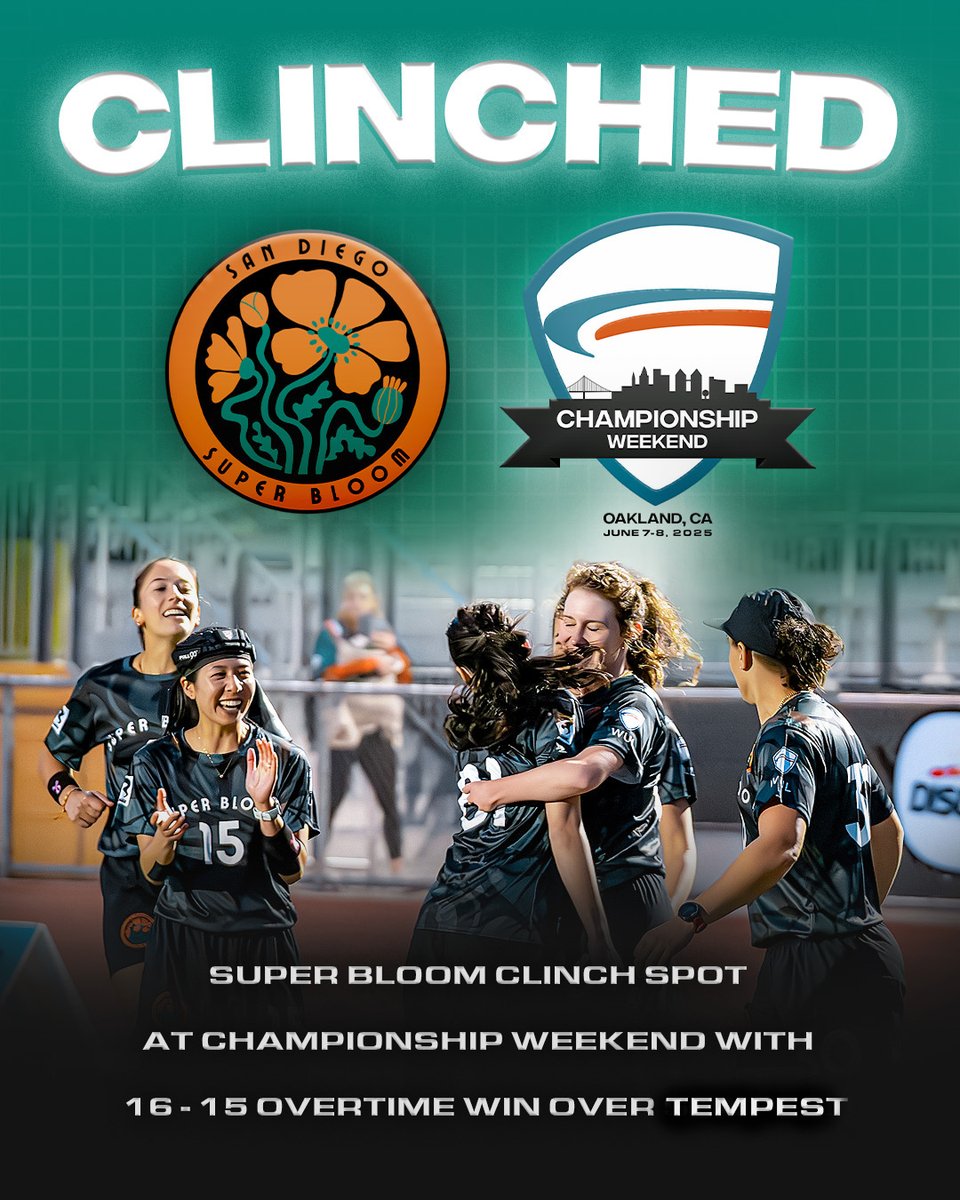 WULeague's tweet photo. TICKET PUNCHED 🎟️

Super Bloom takes down Tempest 16–15 in a thrilling overtime battle to punch their ticket to Championship Weekend in Oakland, CA — June 7–8 — where they’ll chase their first WUL title 🏆

Get your tickets now and don’t miss a moment

https://t.co/G0ODSWnZkV https://t.co/G5UY4CVCdk