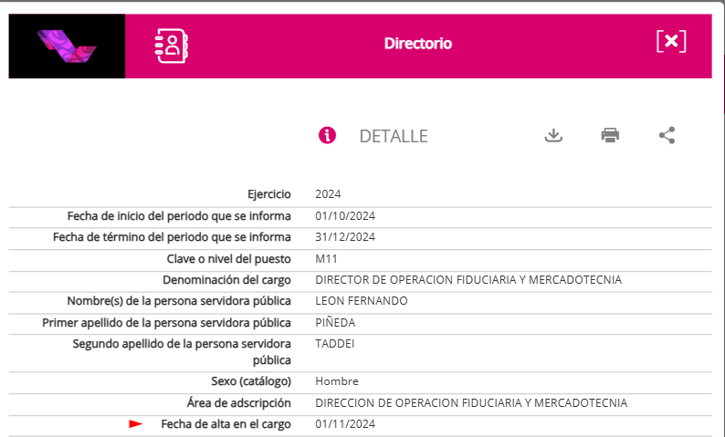 ALEPHBIO's tweet image. El Gobierno de la Presidenta Sheinbaum, nombró a León Fernando Piñeda Taddei, hijo de la Consejera Presidenta del INE, Guadalupe Taddei, como Dir. de Operación Fiduciaria y Mercadotecnia en la CONADE, percibiendo un sueldo bruto mensual de $66,362.0 Alta en el cargo: 01/11/2024