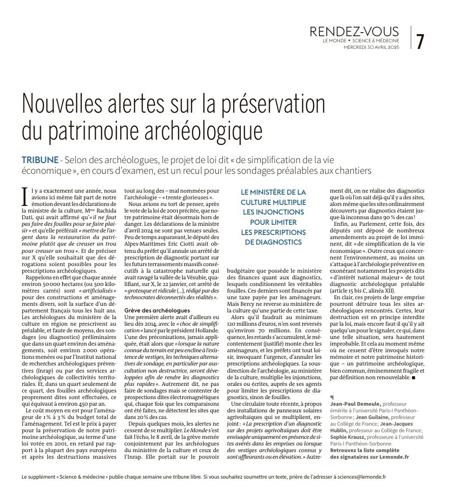 CHRIS LAVAQUERIE-KLEIN (@chrislavaquerie) on Twitter photo Nouvelles alertes sur la préservation du patrimoine archéologique : lire la tribune du <a href="/lemondefr/">Le Monde</a> <a href="/JPDemoule/">Jean-Paul Demoule</a> prof émérite à <a href="/SorbonneParis1/">Université Paris 1 Panthéon-Sorbonne</a>, Jean Guilaine prof au <a href="/cdf1530/">Collège de France</a> Coll. de France , Jean-Jacques Hublin, prof au Coll. de 🇫🇷 <a href="/sophie_krausz/">Sophie Krausz</a> prof à Paris-I <a href="/NarudaaArnaud/">Bernadette Arnaud</a> Nouvelles alertes sur la préservation du patrimoine archéologique : lire la tribune du <a href="/lemondefr/">Le Monde</a> <a href="/JPDemoule/">Jean-Paul Demoule</a> prof émérite à <a href="/SorbonneParis1/">Université Paris 1 Panthéon-Sorbonne</a>, Jean Guilaine prof au <a href="/cdf1530/">Collège de France</a> Coll. de France , Jean-Jacques Hublin, prof au Coll. de 🇫🇷 <a href="/sophie_krausz/">Sophie Krausz</a> prof à Paris-I <a href="/NarudaaArnaud/">Bernadette Arnaud</a>