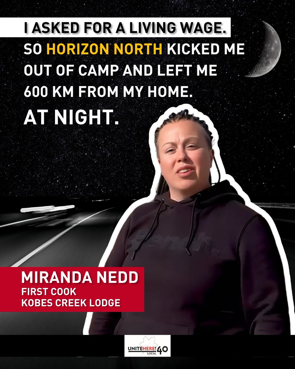 Yesterday evening, 9 workers delegated management at Horizon North’s Kobes Creek Lodge, asking for a fair contract. They were locked out and bussed to Fort St. John and left in a hotel parking lot, far from their homes in Edmonton.
Read More:bit.ly/lockedusout
#bcpoli #bclab