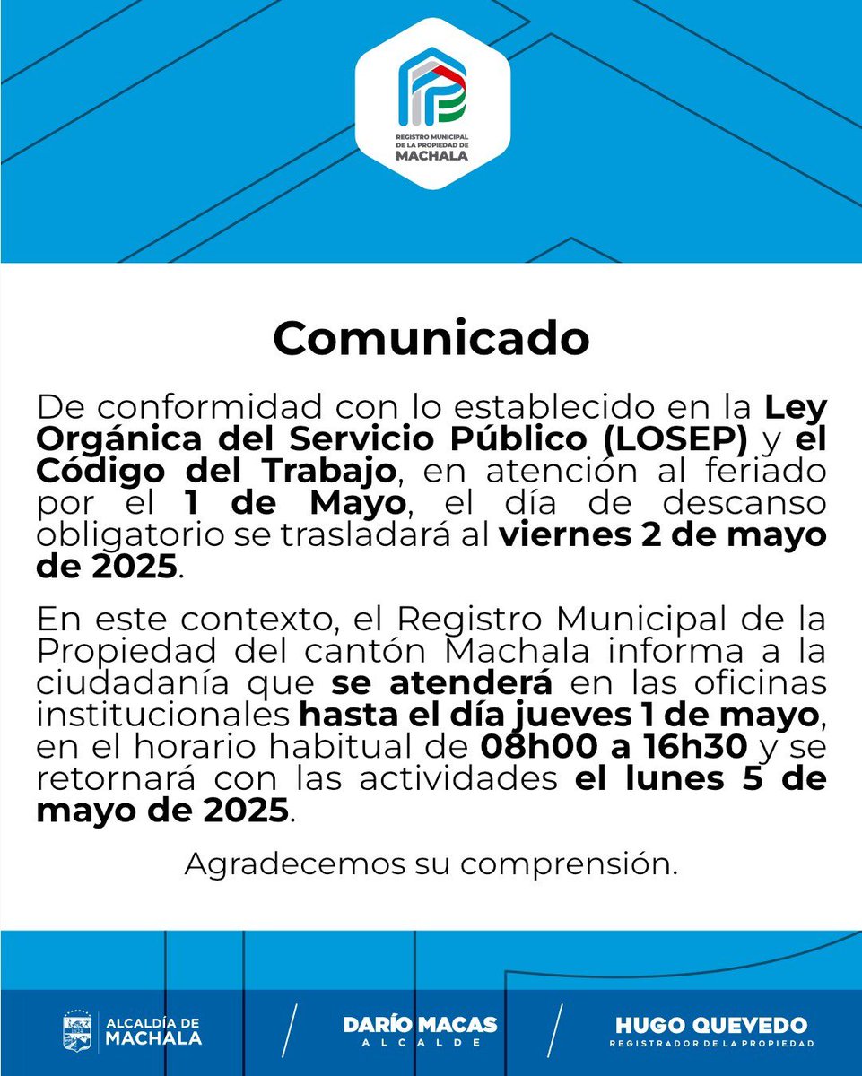 COMUNICADO IMPORTANTE 🚨

#RegistroMunicipalDeLaPropiedadDeMachala #HugoQuevedoMadero #RegistradorDeLaPropiedad #machalaalcaldía #DaríoMacas