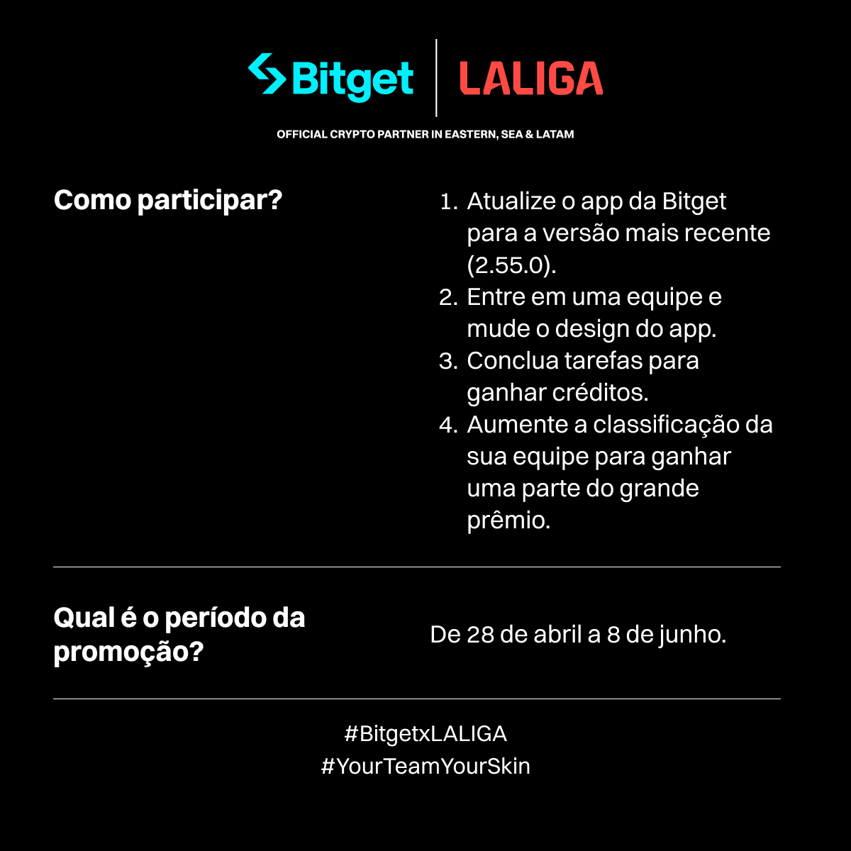 RZCryptoTrading's tweet photo. ⚽️Bitget x LALIGA: LALIGA Skin – concorra a $10.000 em BGB!  
Atualize o app da @bitgetglobal para a versão 2.55.0 e vista seu clube favorito  LALIGA!  
1️⃣Atualize o app  
2️⃣Escolha seu time  
3️⃣Complete as tarefas  
👉https://t.co/CBjnLG2Ydp  
#YourTeamYourSkin #BitgetxLALIGA https://t.co/hRJpywiHfd