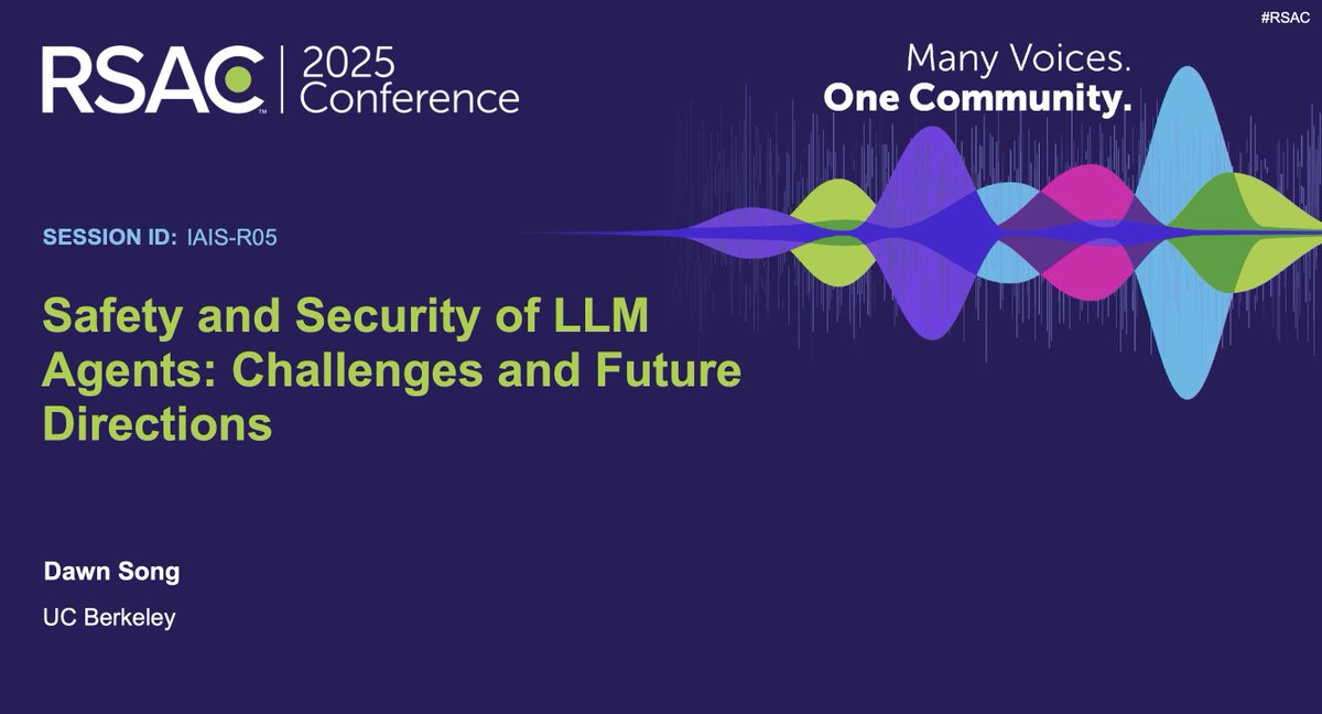 Dawn Song (@dawnsongtweets) on Twitter photo Excited to speak at <a href="/RSAConference/">RSAConference</a> 2025! Join my session "Safety and Security of LLM Agents: Challenges and Future Directions" on May 1 (12:20-1:10 PM PT). We'll explore safety and security challenges of LLM agents and discuss best practices for safe and secure LLM deployment. Excited to speak at <a href="/RSAConference/">RSAConference</a> 2025! Join my session "Safety and Security of LLM Agents: Challenges and Future Directions" on May 1 (12:20-1:10 PM PT). We'll explore safety and security challenges of LLM agents and discuss best practices for safe and secure LLM deployment.