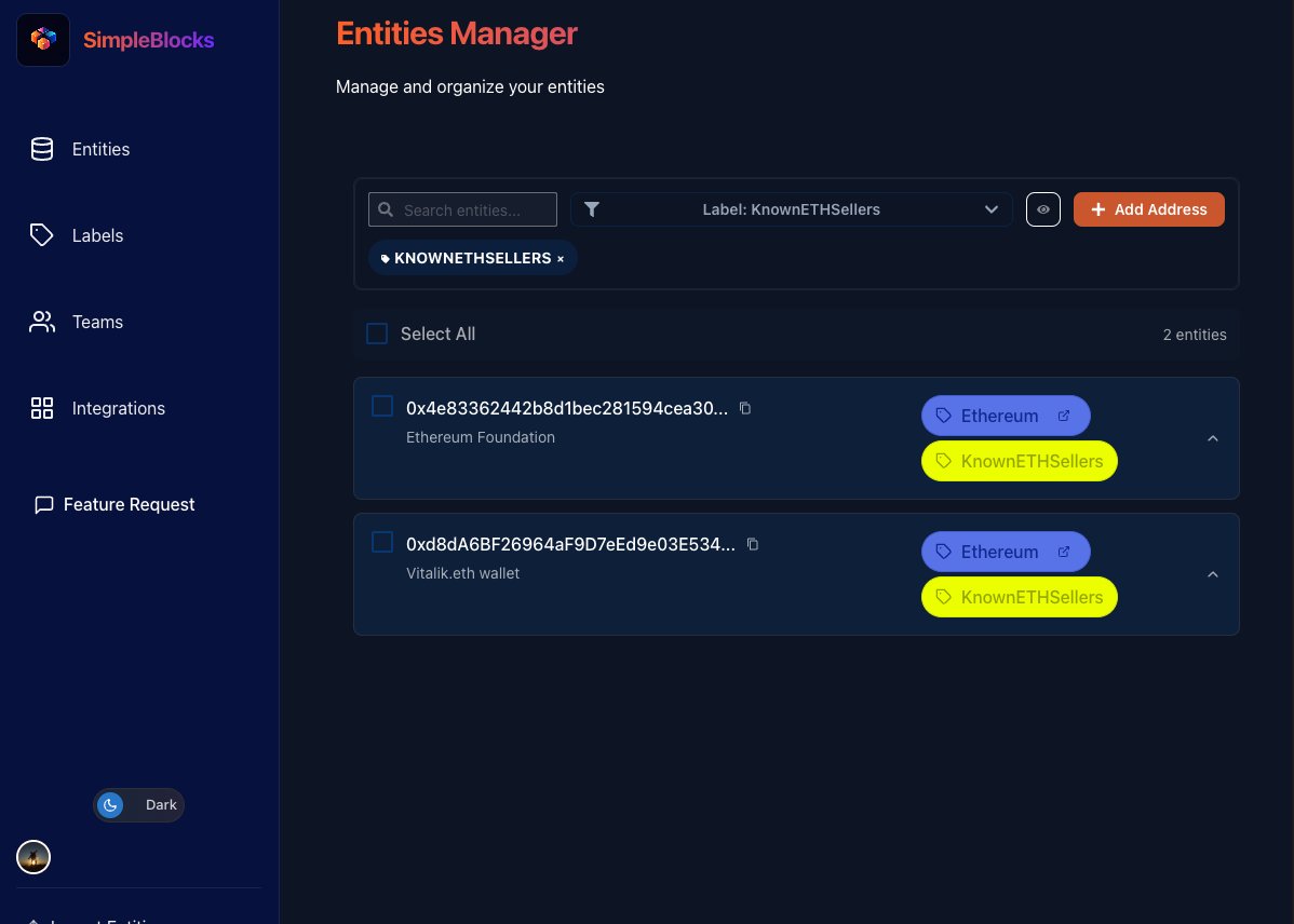 simple_blocks's tweet image. 🚀 Now you can label addresses &amp;amp; link to external scanners in SimpleBlocks! 📊 Organize, navigate, and access key data faster. Try it now in the Entities Manager! #SimpleBlocks #Blockchain