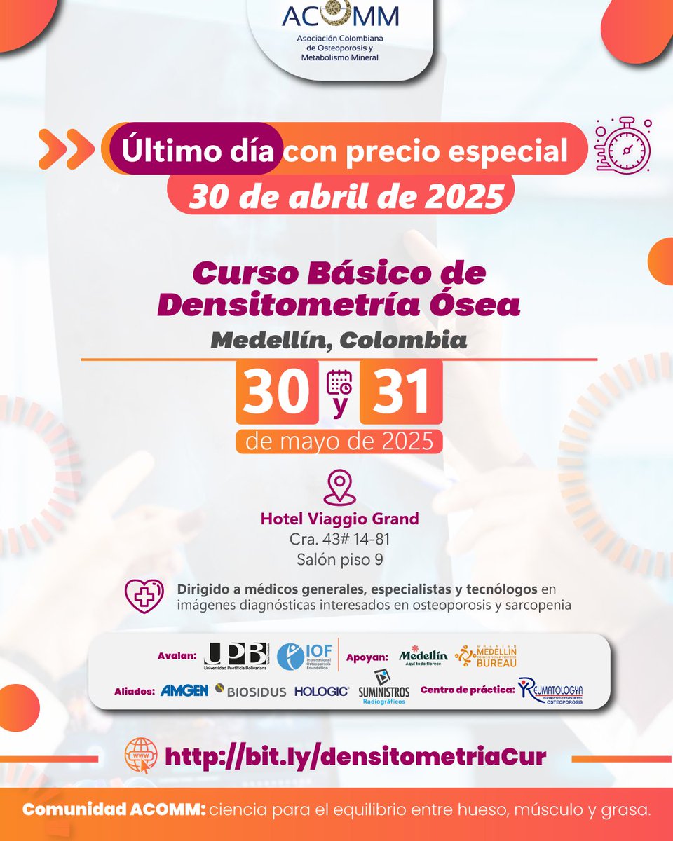 ¡Se acaba el tiempo! Hasta mañana puedes inscribirte con un precio especial a nuestro curso Básico de Densitometría Ósea.

Toma la mejor decisión e inscríbete hoy mismo en bit.ly/densitometriaC… y aprende a utilizar esta herramienta.

#ACOMM #educación #Curso #DensitometríaÓsea