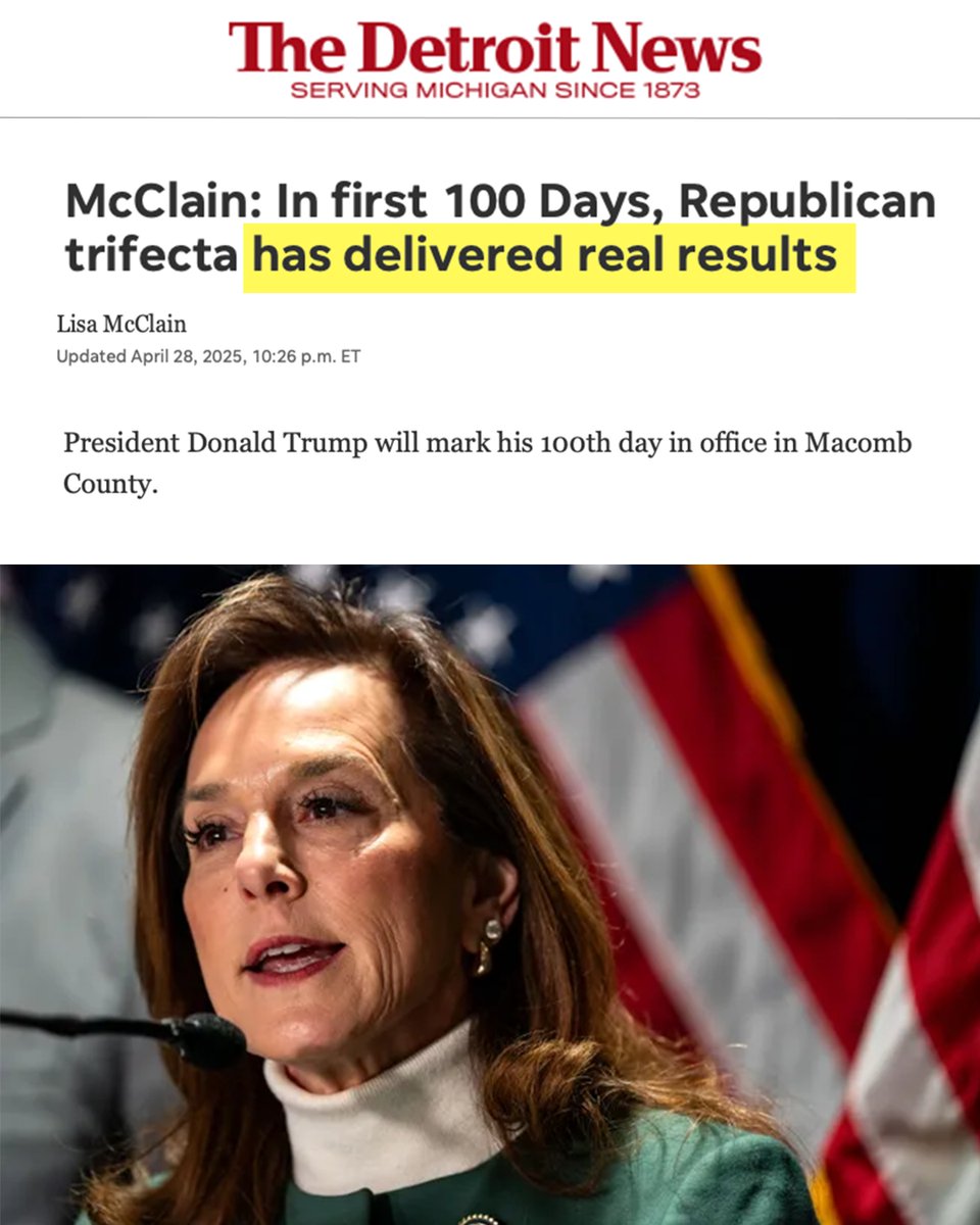 The White House (@whitehouse) on Twitter photo 📰 Chairwoman of <a href="/HouseGOP/">House Republicans</a>, <a href="/RepLisaMcClain/">Chairwoman Lisa McClain</a>: 'In first 100 Days, Republican trifecta has delivered real results'
detroitnews.com/story/opinion/… 📰 Chairwoman of <a href="/HouseGOP/">House Republicans</a>, <a href="/RepLisaMcClain/">Chairwoman Lisa McClain</a>: 'In first 100 Days, Republican trifecta has delivered real results'
detroitnews.com/story/opinion/…