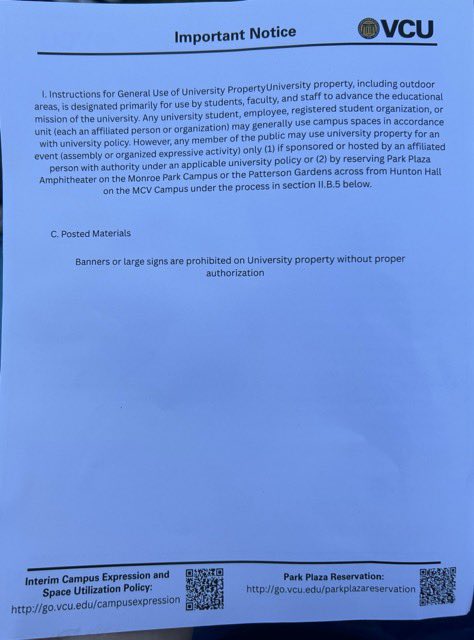 HAPPENING NOW: VCU Students are holding an encampment anniversary event on the Cabell Library lawn. They say it’s a casual event, not an encampment.

Student affairs asked them to leave via this leaflet. They gave them a 15 minute warning but police haven’t shown up. 

Stay tuned