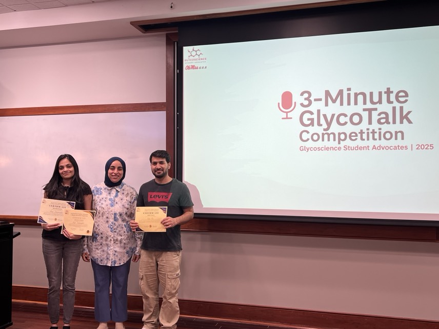 UM_glycore's tweet image. Congratulations Tahir Ali for winning first place and Gaya Dasanayake for earning second place, as well as the Audience Favorite award, at the GSA 3-Minute GlycoTalk Competition. A big thank you to BioMolecular Sciences for the sponsorship. #glycore #gsa_olemiss #olemissbms