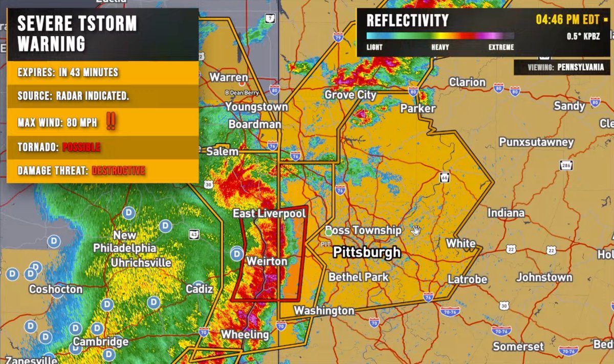 ryanhallyall's tweet photo. Severe Thunderstorm Warning including Pittsburgh PA, Bethel Park PA and Monroeville PA until 5:30 PM EDT. This DESTRUCTIVE STORM will contain wind gusts to 80 MPH!

We're tracking this LIVE now: https://t.co/BOXUzZbbmd https://t.co/KlAS1A7q3n