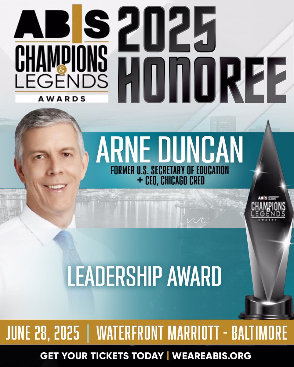 WeAreABIS's tweet image. Exciting news! Arne Duncan, former U.S. Secretary of Education and CEO of Chicago CRED, will receive the ABIS Leadership Award at the #WEAREABIS Gala! His dedication to education and community transformation is truly inspiring! #ABISGala #Leadership #Inspiration