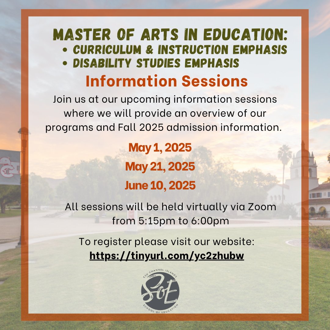 csuci_soe's tweet image. Join our upcoming info sessions for an overview of our programs + Fall 2025 admissions!

🗓️ Via Zoom | 5:15–6:00 PM
🔗 Register: lnkd.in/g7Bb2-tj

#MAinEducation #DisabilityStudies #CurriculumAndInstruction #InfoSessions