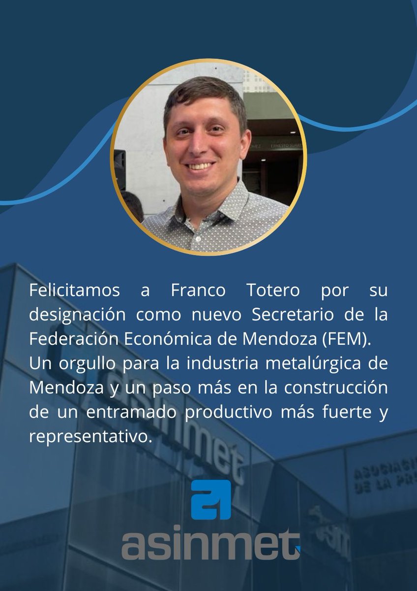 ASINMET Mendoza (@asinmet) on Twitter photo Desde ASINMET celebramos con orgullo la designación de <a href="/ExequielTotero/">Franco Exequiel Totero</a>, integrante de nuestra Comisión Directiva, como Secretario de la Federación Económica de Mendoza (FEM).
¡Felicitaciones Franco! Seguimos trabajando por una industria más fuerte, federal e integrada. Desde ASINMET celebramos con orgullo la designación de <a href="/ExequielTotero/">Franco Exequiel Totero</a>, integrante de nuestra Comisión Directiva, como Secretario de la Federación Económica de Mendoza (FEM).
¡Felicitaciones Franco! Seguimos trabajando por una industria más fuerte, federal e integrada.