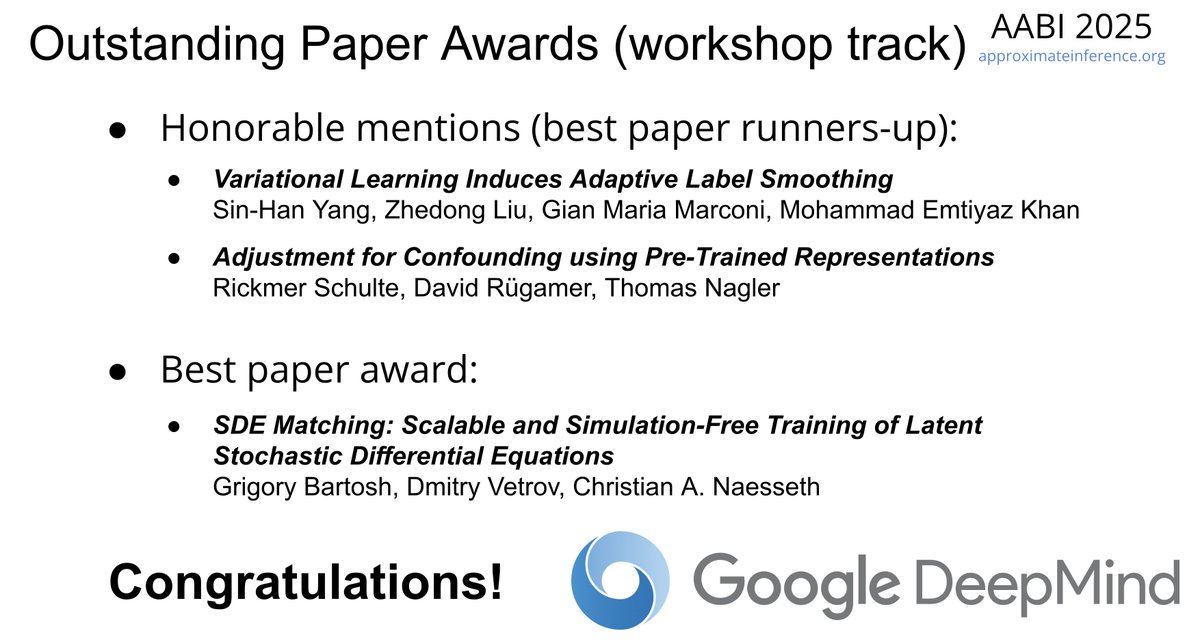 timrudner's tweet image. Congratulations to the #AABI2025 Workshop Track Outstanding Paper Award recipients!