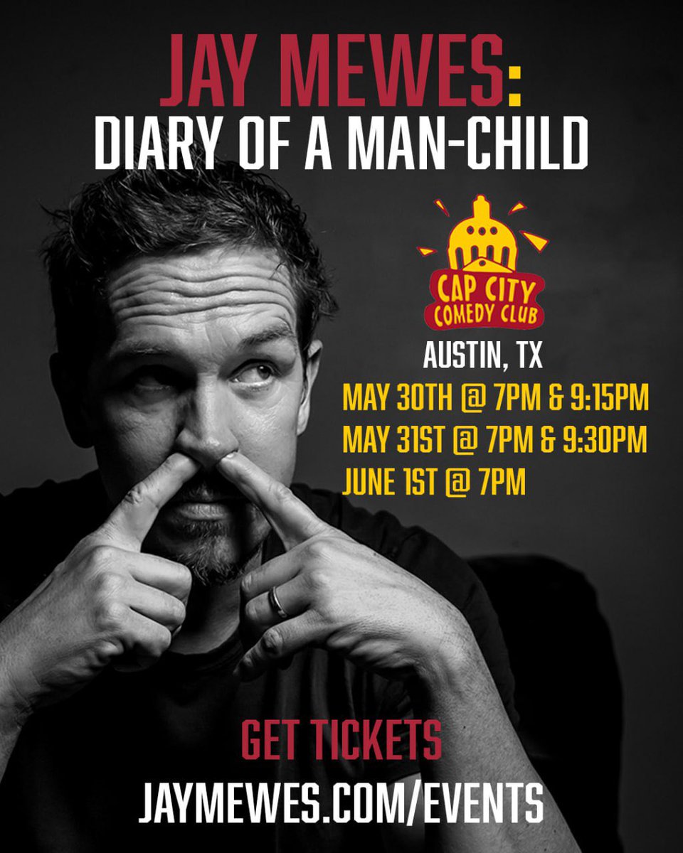 Jay Mewes (@jaymewes) on Twitter photo Yo Austin TX, I'm heading your way with my Diary of a Man-Child, 3 nights of funnies at the <a href="/CapCityComedy/">Cap City Comedy Club</a> May 30th - June 1st ;)
Get your Tickets š jaymewes.com/events
#diaryofamanchild #jayandsilentbob #comedy Yo Austin TX, I'm heading your way with my Diary of a Man-Child, 3 nights of funnies at the <a href="/CapCityComedy/">Cap City Comedy Club</a> May 30th - June 1st ;)
Get your Tickets š jaymewes.com/events
#diaryofamanchild #jayandsilentbob #comedy