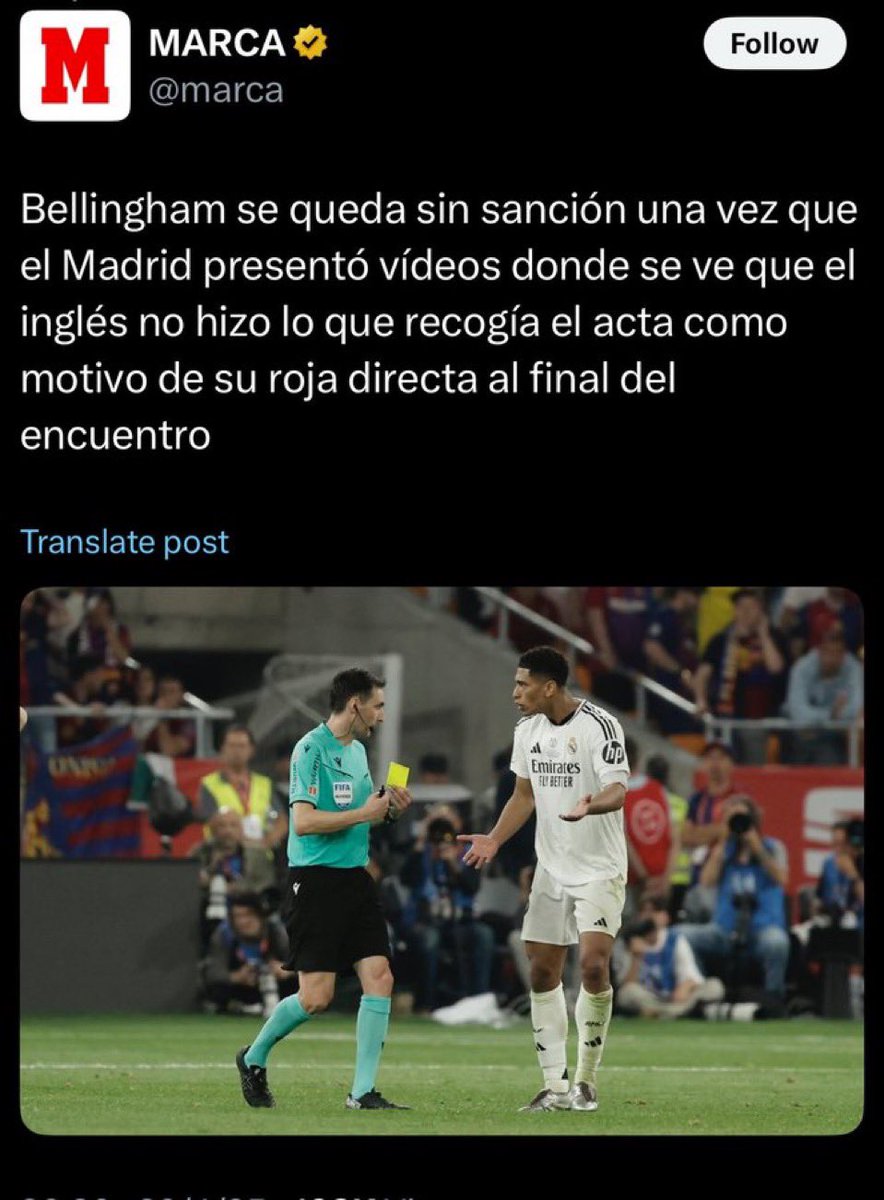 Bellingham fue expulsado porque Ricardo De Burgos Bengoetxea FALSEÓ Y MINTIÓ deliberadamente en el acta. 

Tb va a llorar cuando los niños le digan a sus hijos TU PADRE ES UN FALSO Y UN MENTIROSO?

Por cierto, estas cosas, de FALSEAR DELIBERADAMENTE UN ACTA, y expulsar a un