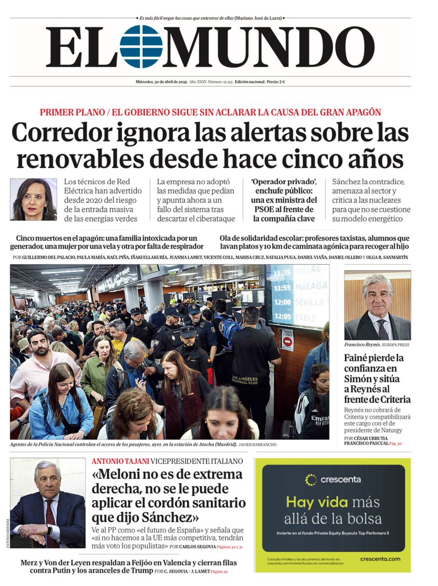 📰 Portada de EL MUNDO del miércoles 30 de abril 

Ya disponible en Orbyt y en la edición digital con la mejor información