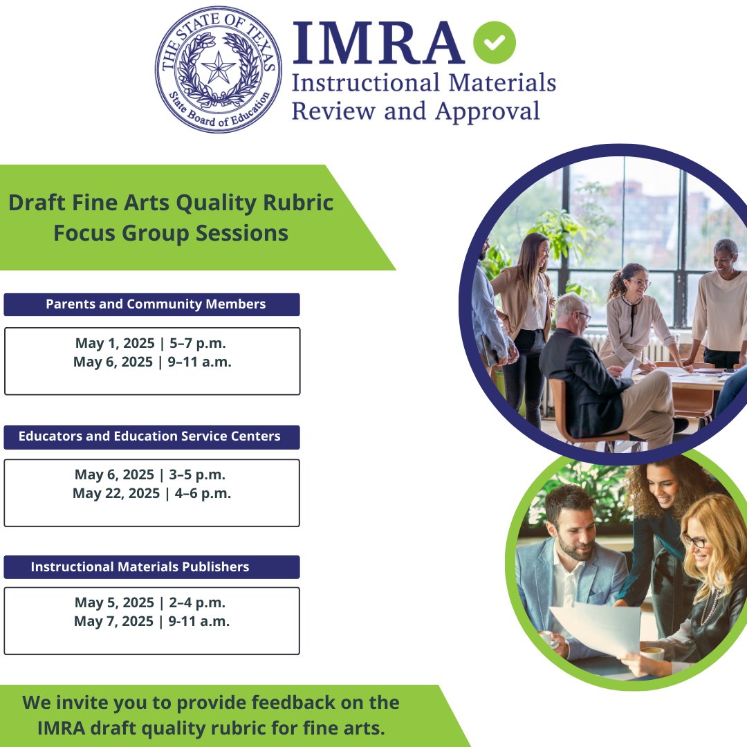 Help shape the future of fine arts education! Parents, educators and publishers are invited to join focus groups on the IMRA draft quality rubric for fine arts. Pick a session that fits your schedule and role.

Register: bit.ly/4cGrJjq