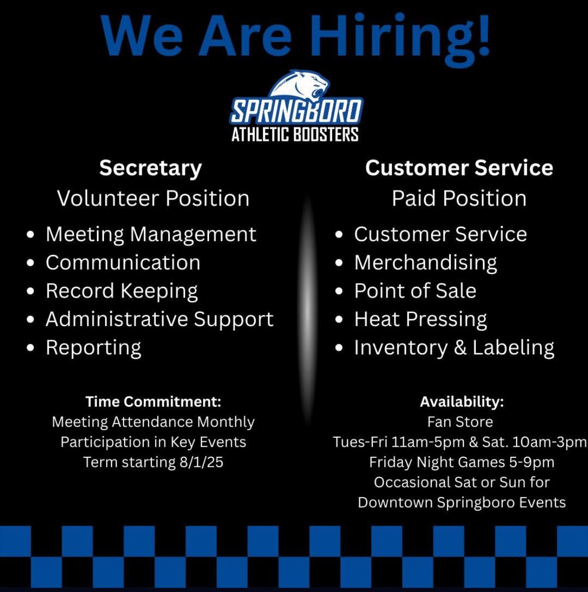 Springboro Athletic Boosters (@boro_boosters) on Twitter photo Contact fanstore@boroboosters.com if you are interested in either of these positions.
The Springboro Athletic Booster Club is a non-profit volunteer organization dedicated to supporting the athletic programs and athletes in Springboro High School and Junior High School. Contact fanstore@boroboosters.com if you are interested in either of these positions.
The Springboro Athletic Booster Club is a non-profit volunteer organization dedicated to supporting the athletic programs and athletes in Springboro High School and Junior High School.