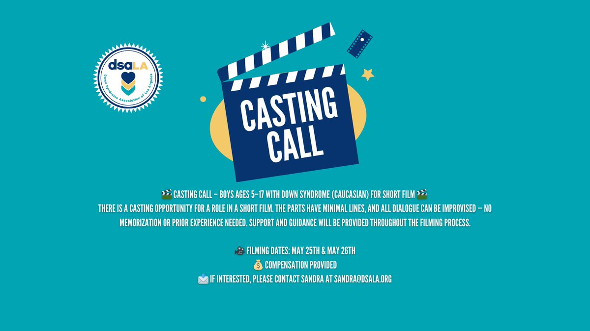 Down Syndrome Association of Los Angeles (@downsyndromela) on Twitter photo 🎬 Casting Call – Boys Ages 5–17 with Down syndrome (Caucasian) for Short Film 🎬 Role opportunity in a short film. No prior experience needed.
🎥 Filming Dates: May 25th & May 26th
đź’° Compensation Provided
📩 If interested, please contact Sandra at sandra@dsala.org 🎬 Casting Call – Boys Ages 5–17 with Down syndrome (Caucasian) for Short Film 🎬 Role opportunity in a short film. No prior experience needed.
🎥 Filming Dates: May 25th & May 26th
đź’° Compensation Provided
đź“© If interested, please contact Sandra at sandra@dsala.org