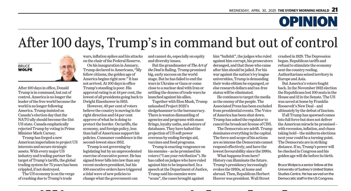 Bruce Wolpe (@bwolpe) on Twitter photo Trump @ 100 days: In command, but out of control. America is no longer the leader of the free world because the world is no longer following America. The global trading system that has been in place for 75 years has been crippled, if not destroyed. And much more. - BW <a href="/USSC/">United States Studies Centre</a>. Trump @ 100 days: In command, but out of control. America is no longer the leader of the free world because the world is no longer following America. The global trading system that has been in place for 75 years has been crippled, if not destroyed. And much more. - BW <a href="/USSC/">United States Studies Centre</a>.