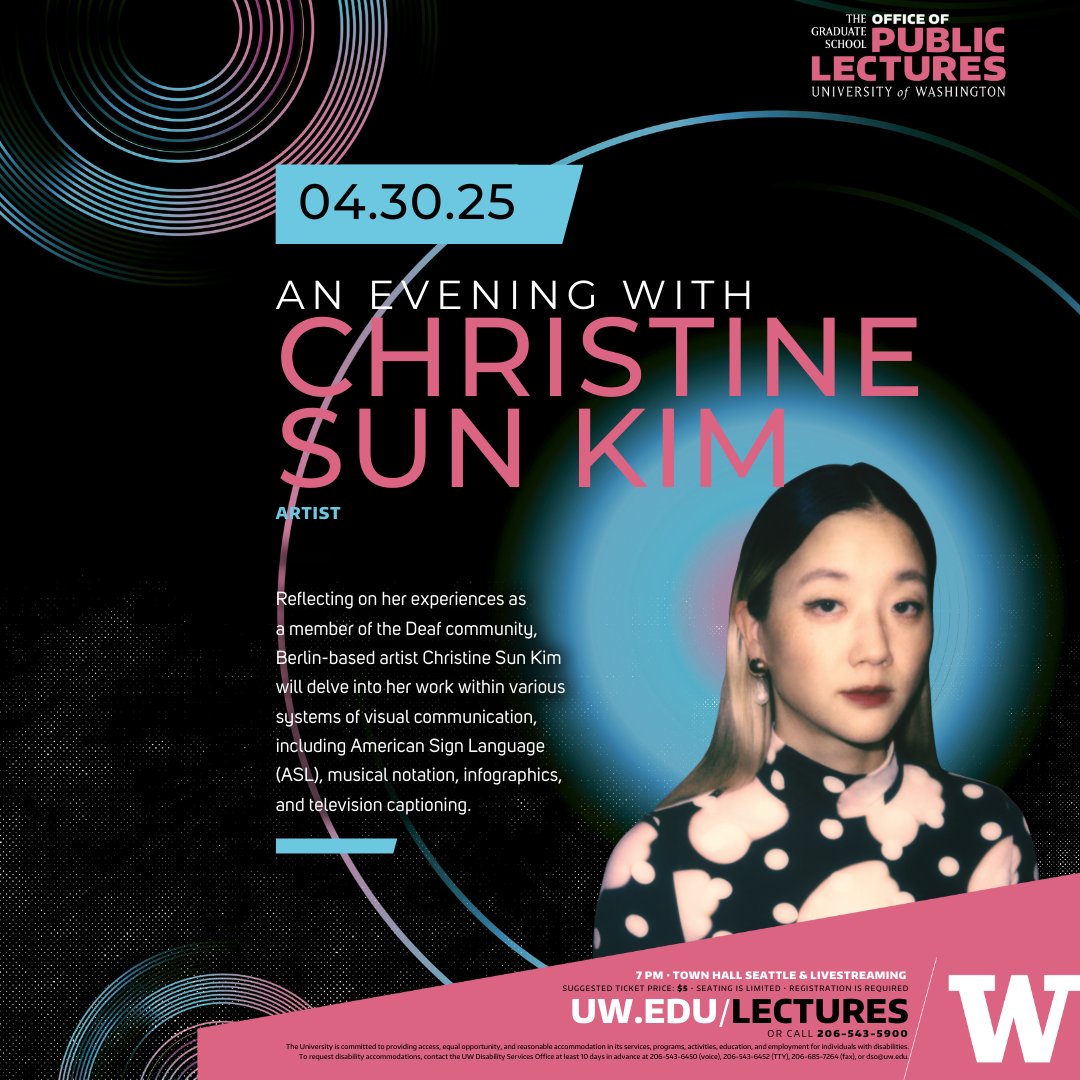 🚨 Last Chance to Register!
Limited spots left for "An Evening with Christine Sun Kim" 🎤

🗓️ April 30
📍 Town Hall Seattle
🎟️ Last chance to register now: ow.ly/Yop350VK36T

#ChristineSunKim #UWPublicLectures #SoundArt #DeafArt #TownHallSeattle #SeattleEvents