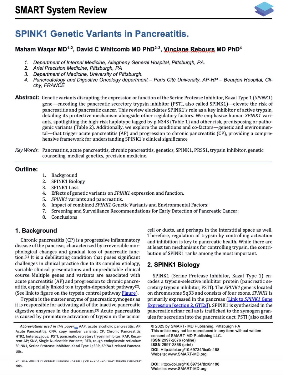 #Pancreatitis - SPINK1 Genetic Variants in Pancreatitis.

A new expert review by  Maham Waqar MD (<a href="/maham_waqar170/">Maham Waqar</a>), David C Whitcomb MD PhD and Vinciane Rebours MD PhD outlines keys to interpreting #genetic #Test results for patients with unexplained pancreatitis.  
 Available