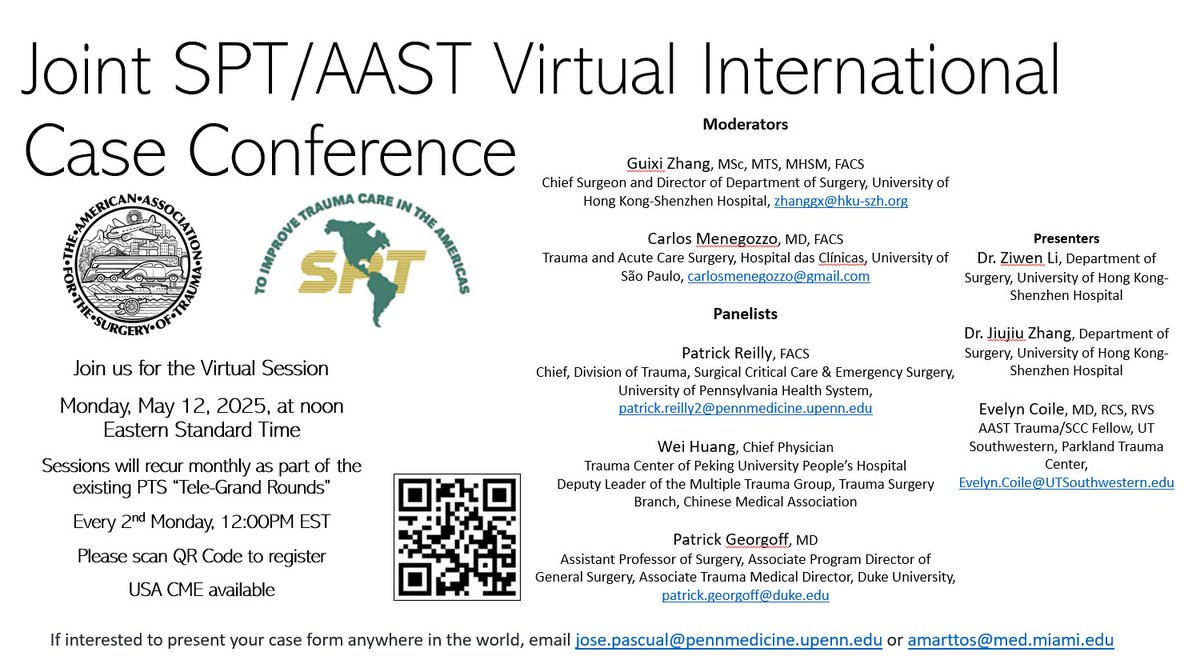PTS/AAST Virtual International Case Conference, April 14, 2025, at noon Eastern Standard Time, Zoom Meeting:  zoom.us/j/93003989518,  Meeting ID: 930 0398 9518, Passcode: 604216. More information panamtrauma.org/page-1854883