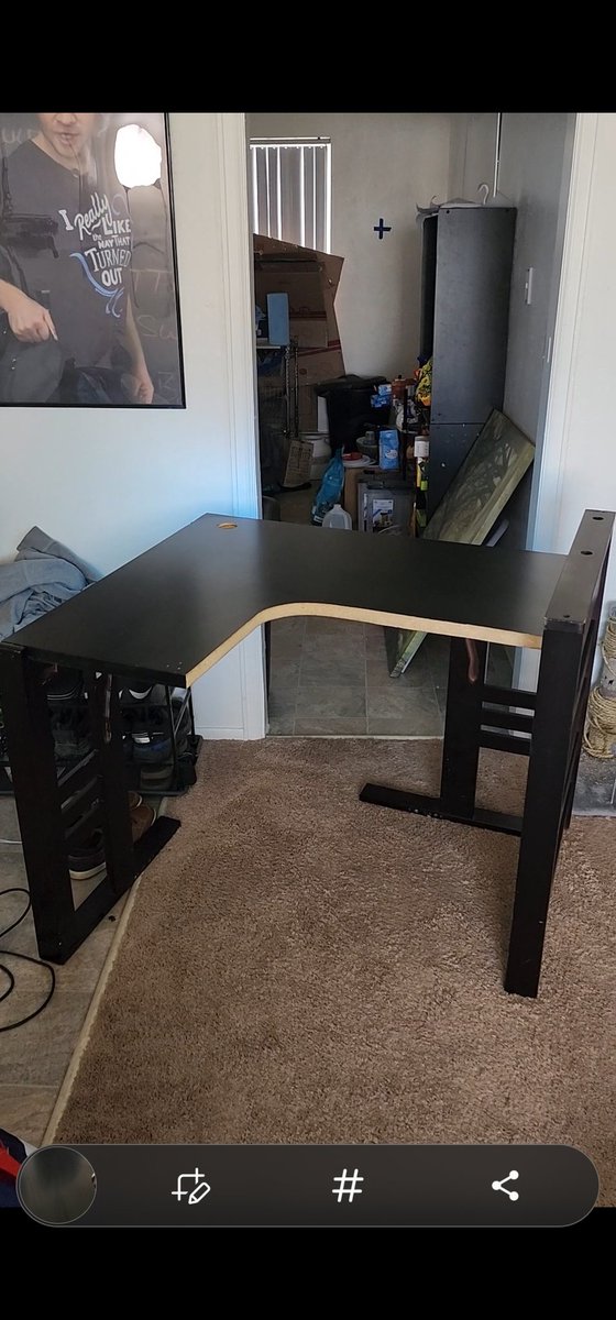 PrintedDiff's tweet image. Did a different kind of printing-related project today. Girlfriend needed a desk, so I upcycled a tabletop and a Futon frame (both destined for the dumpster), with some custom 3D printed parts and drilling jigs. I'm currently printing some test-TPU prints to replace the Veneer.