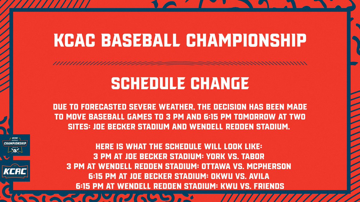 UPDATE: Due to forecasted severe weather tomorrow at the KCAC Baseball Championship tournament, the decision has been made to move start times for tomorrow's (April 30) games to 3 PM and 6:15 PM at two sites: Joe Becker Stadium and Wendell Redden Stadium. #KCACbsb

Here is what