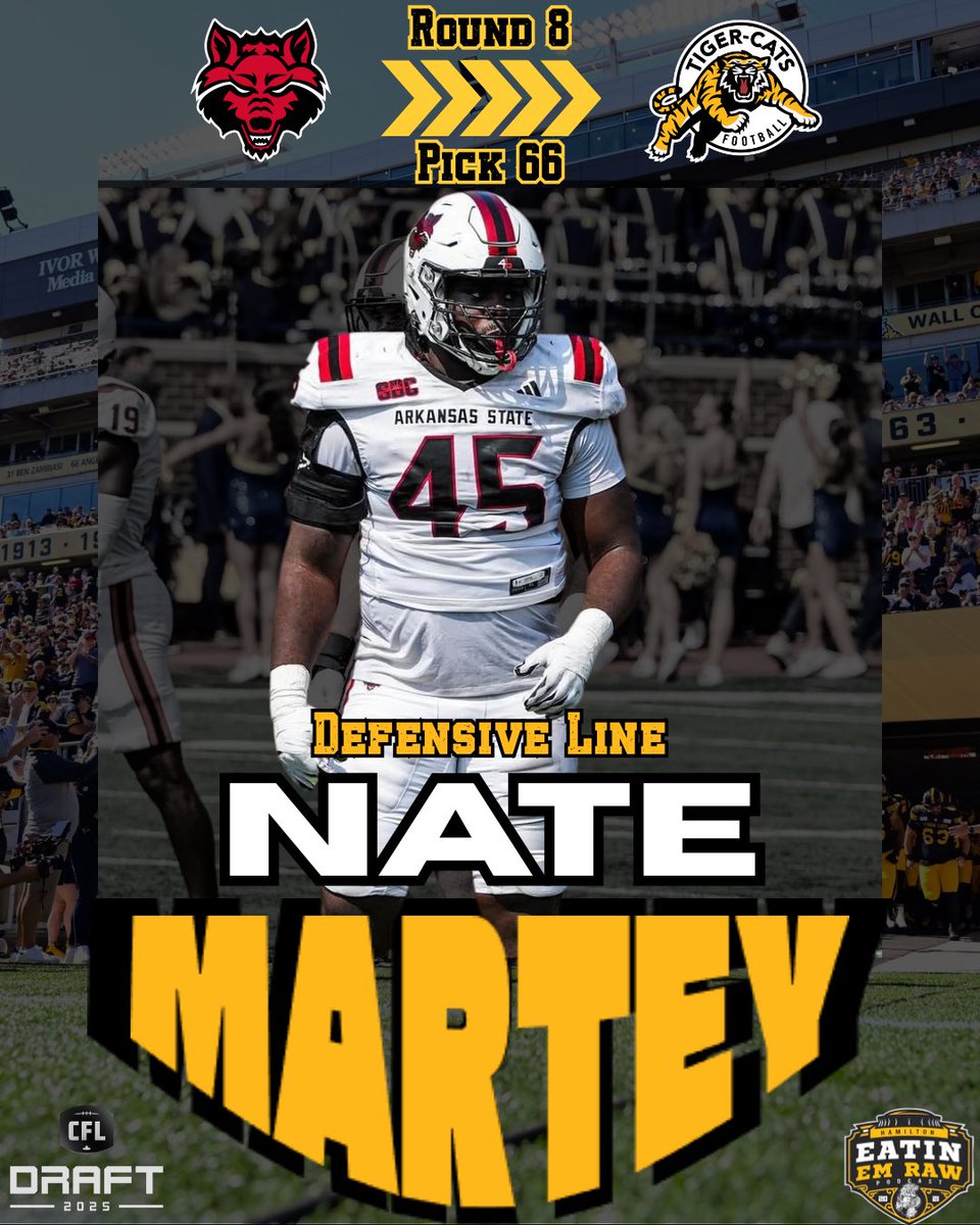 _EatinEmRaw's tweet image. With the 66th overall selection in the 2025 CFL Draft, the Hamilton Tiger-Cats have selected DL Nate Martey.
Welcome to Hamilton, Nate!
#Ticats | #CFL | #HamONT | #CFLDraft