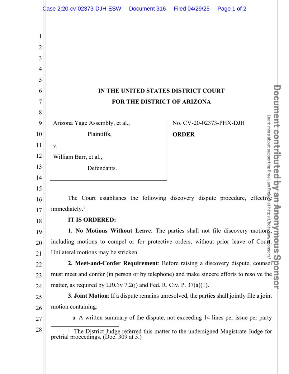 psy_cases's tweet image. New filing: &quot;Arizona Yage Assembly v. A.G. (Religious freedom - sacrament seizure)&quot;
Doc #316: Order

PDF: courtlistener.com/docket/1872389…

#CL18723894
