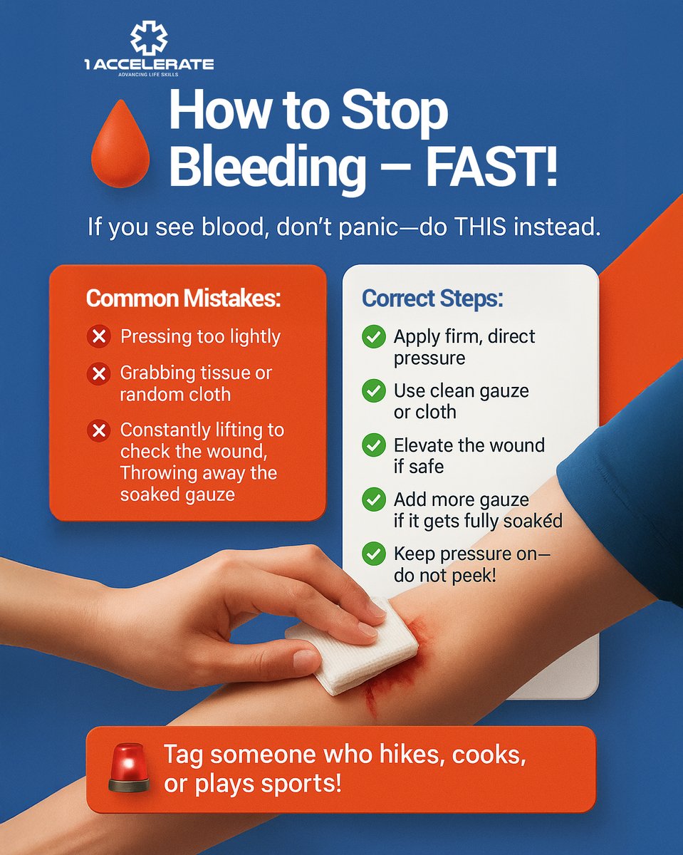 1acceleratesb's tweet photo. 🩸 Bleeding? Don’t panic—press and hold!
Most people make it worse by checking too soon.

✅ Firm pressure
✅ Clean gauze
✅ No peeking!

Tag someone who hikes, cooks, or plays sports—they need this!

#StopTheBleed #FirstAidTips #1Accelerate #EmergencyCare #KnowWhatToDo https://t.co/prqtwPIhDz