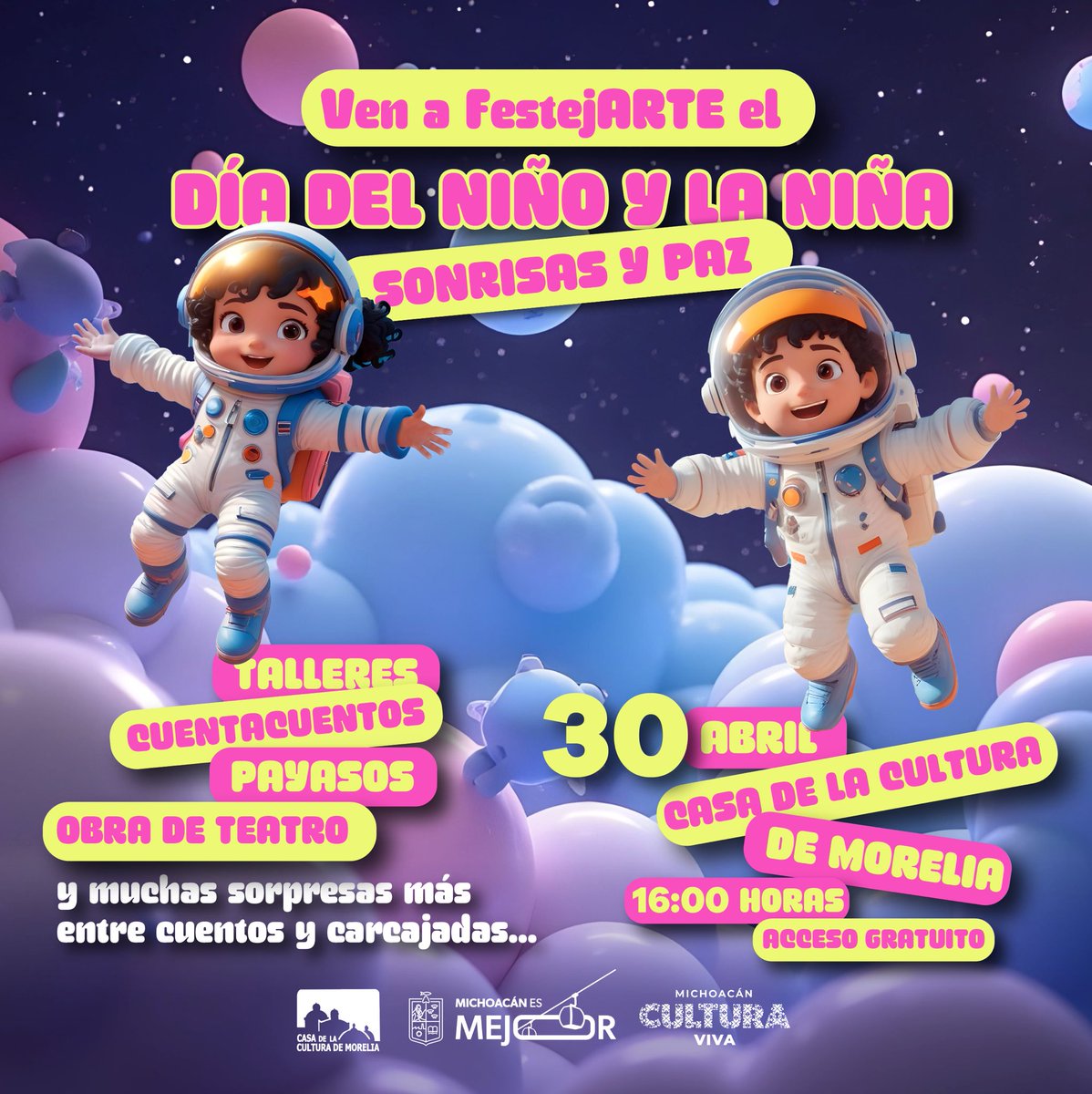 Entre cuentos y carcajadas, la Secretaría de Cultura del Estado celebrará a las niñas y los niños en su día. Te esperamos en esta gran fiesta cultural para imaginar, crear y reír en familia, con acceso gratuito. #MichoacánEsMejor