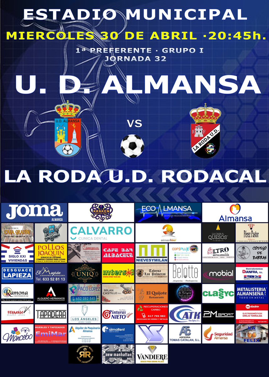 💥PARTIDO EN CASA💥

🏆 JORNADA 32
🆚 @larodaud
🏟️Municipal “Paco Simón “ - Almansa

 📅 MIÉRCOLES 30 de abril
🕕 20:45 horas

⚽️💙🤍⚽️💙🤍⚽️💙🤍⚽️💙🤍

#almansa #unidossomosmásfuertes #siempreazules #azulones #almansaemergencias #ahoraeselmomento #jugamosconlonuestro