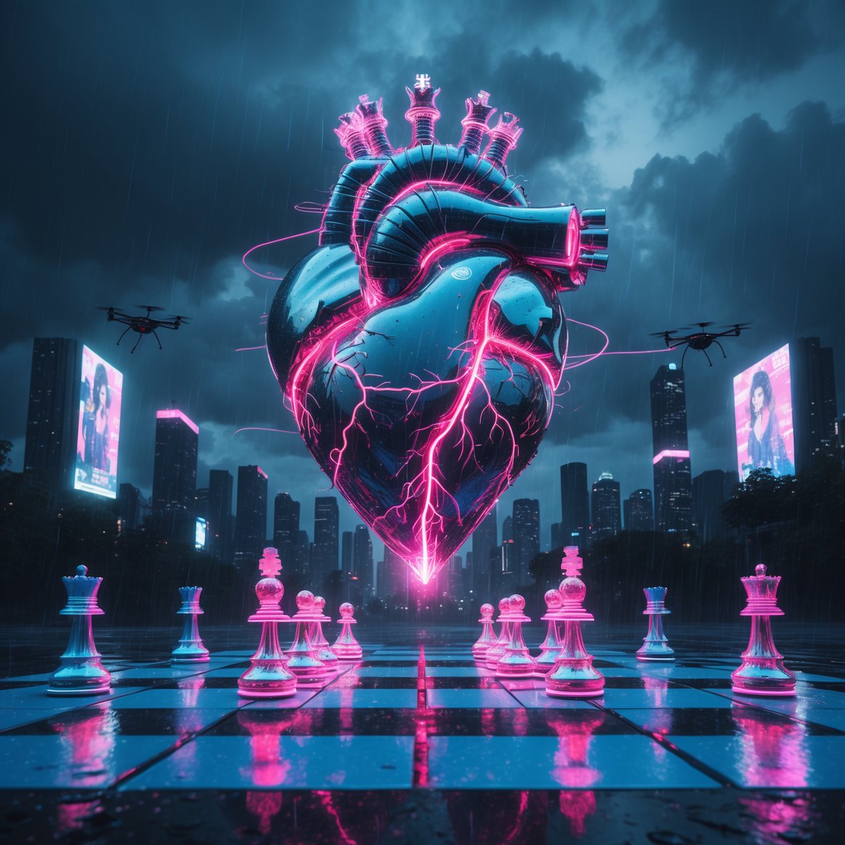 GoldenFalconsCC's tweet image. Pulse of the Matrix.
A futuristic city frozen in chess-like silence as a mechanical heart slices the sky with electric pulses.
What would you choose: stay true to yourself or reshape the world at the cost of your identity?
#CyberChess #HeartPulse #NeonSciFi #FutureArt #FateCity