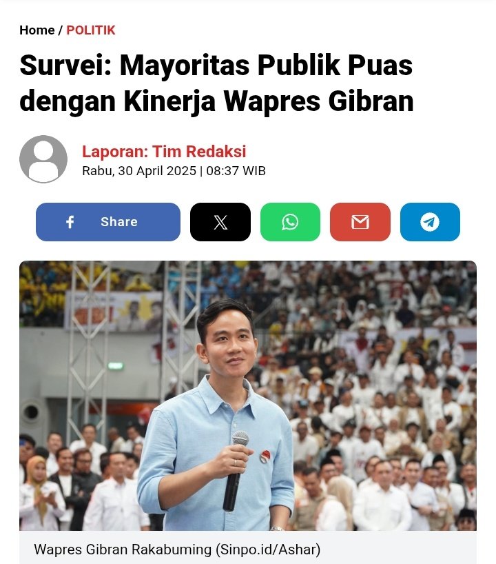 Heraloebss's tweet image. Bagaimana menurut Netizen X-Twitter? Apakah kinerja Wapresnya Prabowo sudah cukup memuaskan?

Survei :  79,8% Puas dengan Kinerja Wapres Gibran