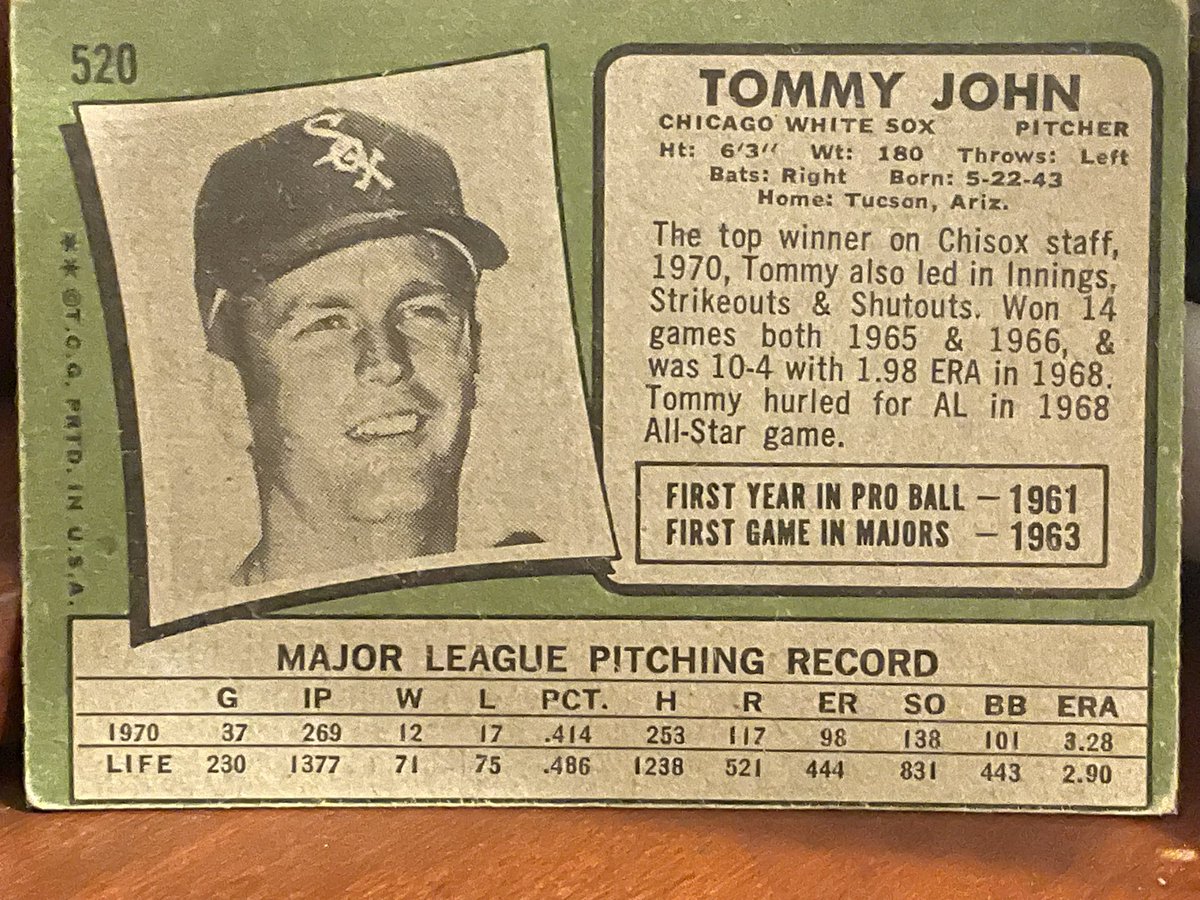 ⚾️ Card of the day 
4/29/2025
Tommy John
Pitcher
Chicago White Sox 
1971