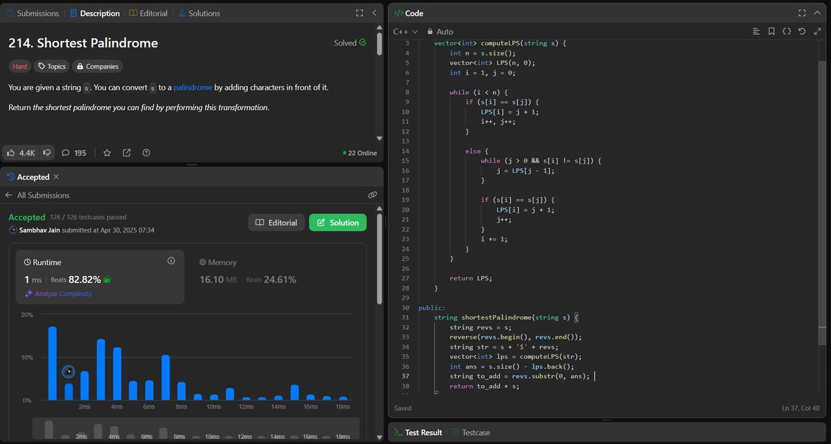 jsambhav5's tweet image. #Day210 of #250DaysOfDSA
Topics and Learnings: #KMPAlgorithm, #String
Problem Solved:
180. #LeetCode #214 : Shortest Palindrome
Approach:
Used Knuth–Morris–Pratt algorithm to solve this
Complexity Analysis:
TC: O(N)
SC: O(N)