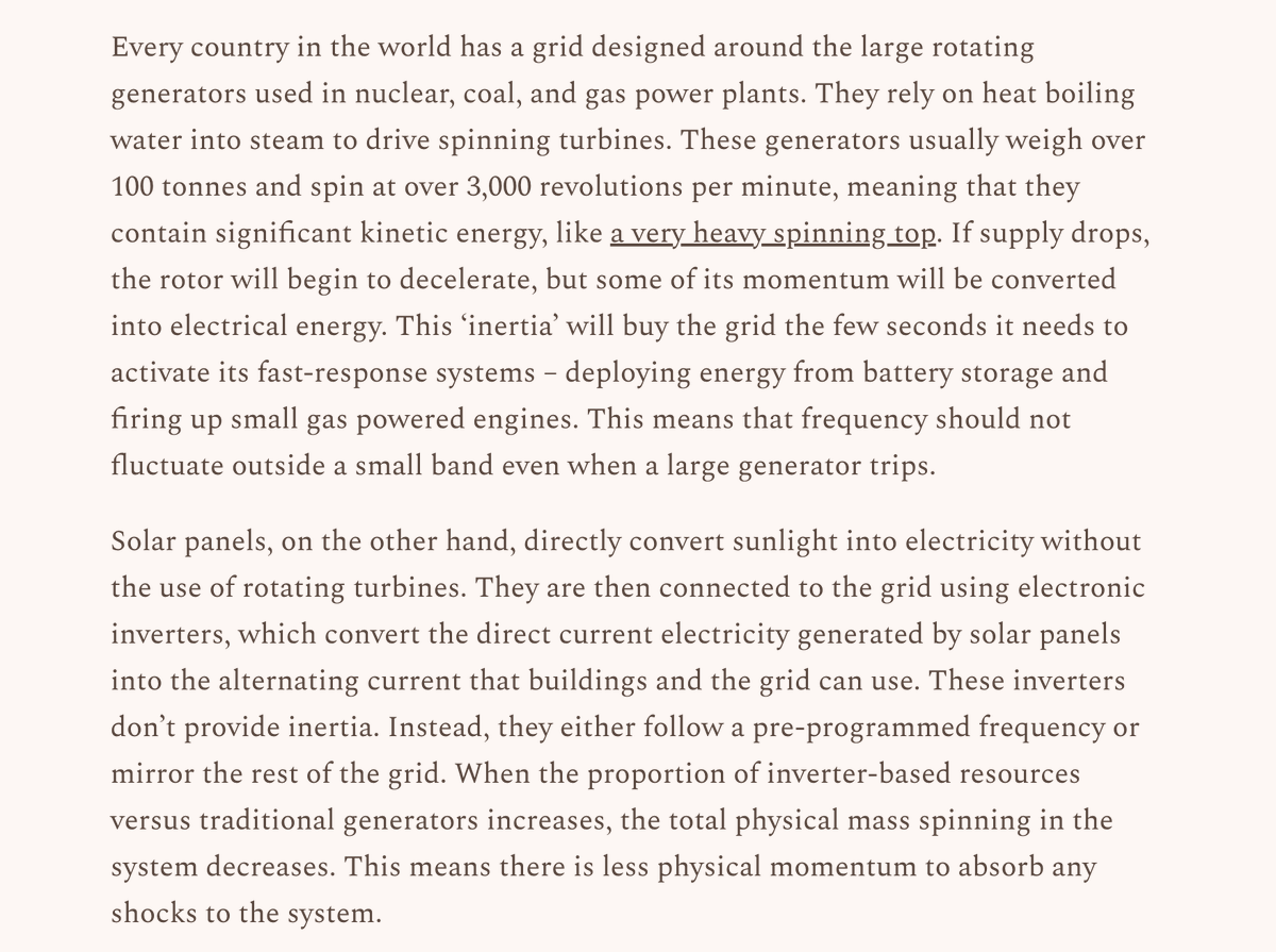 s8mb's tweet photo. How "inertia" – literally, the energy from spinning turbines – keeps the electricity grid from blacking out, and why losing it could be the cause of the Iberian blackout. 

New explainer by @chalmermagne for Works in Progress.

https://t.co/Se22XL8g0u https://t.co/5wvxxprE0b
