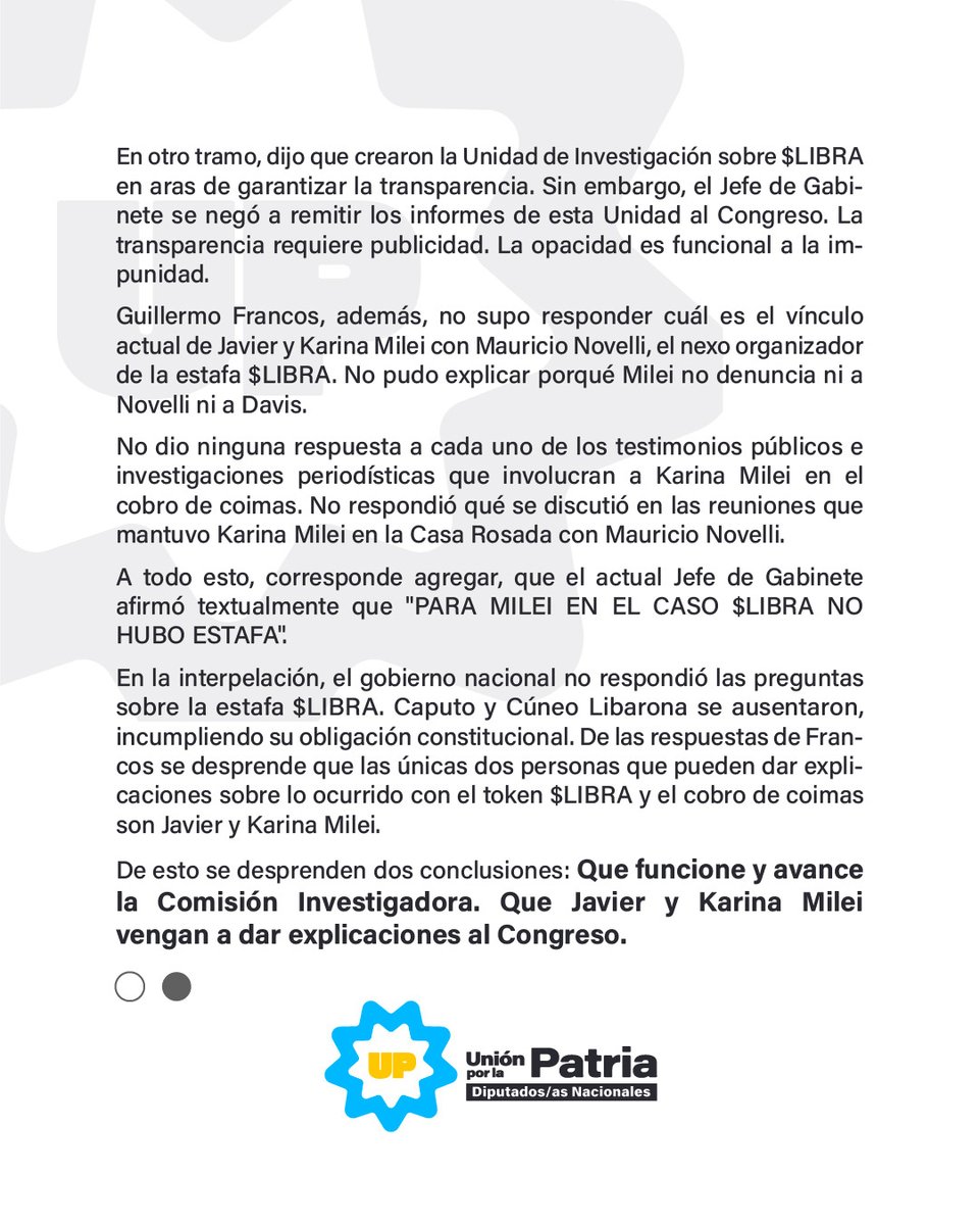 Diputados UP (@diputados_uxp) on Twitter photo ESCÁNDALO ESTAFA CRIPTO $LIBRA • Conclusiones de la interpelación al Jefe de Gabinete de Ministros, Guillermo Francos, en <a href="/DiputadosAR/">Diputados Argentina</a>.
⬇️ ESCÁNDALO ESTAFA CRIPTO $LIBRA • Conclusiones de la interpelación al Jefe de Gabinete de Ministros, Guillermo Francos, en <a href="/DiputadosAR/">Diputados Argentina</a>.
⬇️