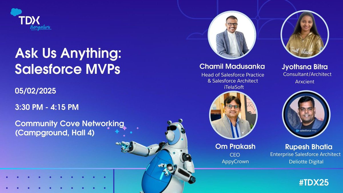 Chamil Madusanka ๐ฑ๐ฐ โ ๐ฑ๐ฐ (@chamilmadusanka) on Twitter photo Thrilled to represent #SriLanka & @iTelaSoft at #TDXBangalore2025!
Join us for โAsk Us Anything: Salesforce MVPsโ
๐ May 2 | ๐ 3:30 PM IST
๐ Hall 4 โ Community Cove
โ
MVP insights
โ
Career tips
โ
Real networking!
Add to agenda: lnkd.in/gGzHC5PG
#TDX25 <a href="/SLSFOHANA/">Sri Lankan Salesforce Ohana</a> Thrilled to represent #SriLanka & @iTelaSoft at #TDXBangalore2025!
Join us for โAsk Us Anything: Salesforce MVPsโ
๐ May 2 | ๐ 3:30 PM IST
๐ Hall 4 โ Community Cove
โ
MVP insights
โ
Career tips
โ
Real networking!
Add to agenda: lnkd.in/gGzHC5PG
#TDX25 <a href="/SLSFOHANA/">Sri Lankan Salesforce Ohana</a>