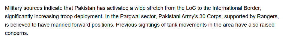 India TV reports that Pakistan has mobilized its 12th, 19th, and 23rd Infantry Divisions, placing them in forward positions near Jammu and Kashmir. These movements are part of a broader, significant increase in troop deployments along the border with India, reportedly in