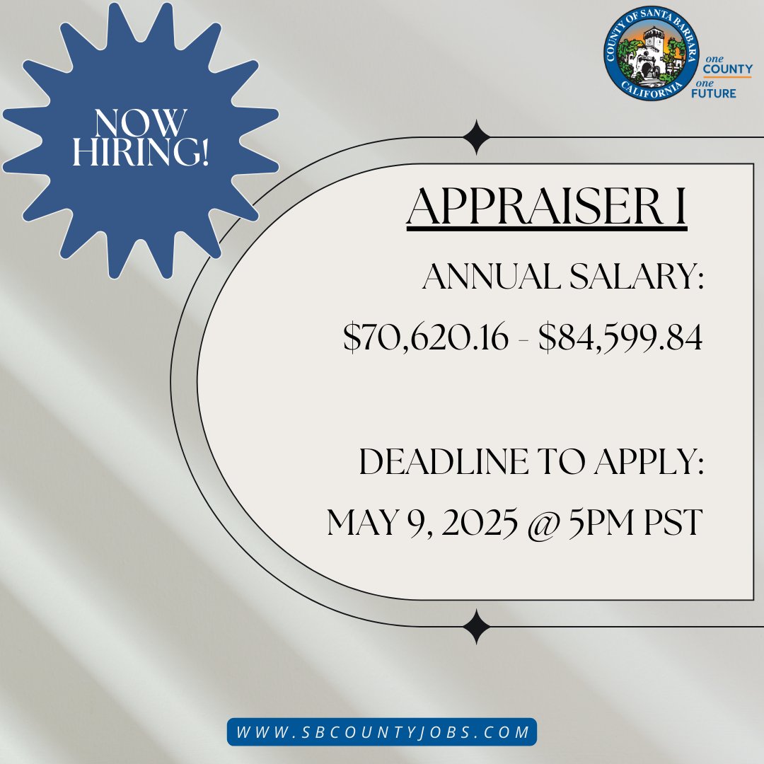 CountySBCareers's tweet image. COSB is now hiring! The Clerk-Recorder-Assessor Department is seeking to fill 5 full-time vacancies for an Appraiser I in Santa Barbara or Santa Maria. For more information, visit SbCountyJobs.com. Deadline to apply is 05/9/2025 at 5pm PST. #FederalEmployees
#GovernmentJob