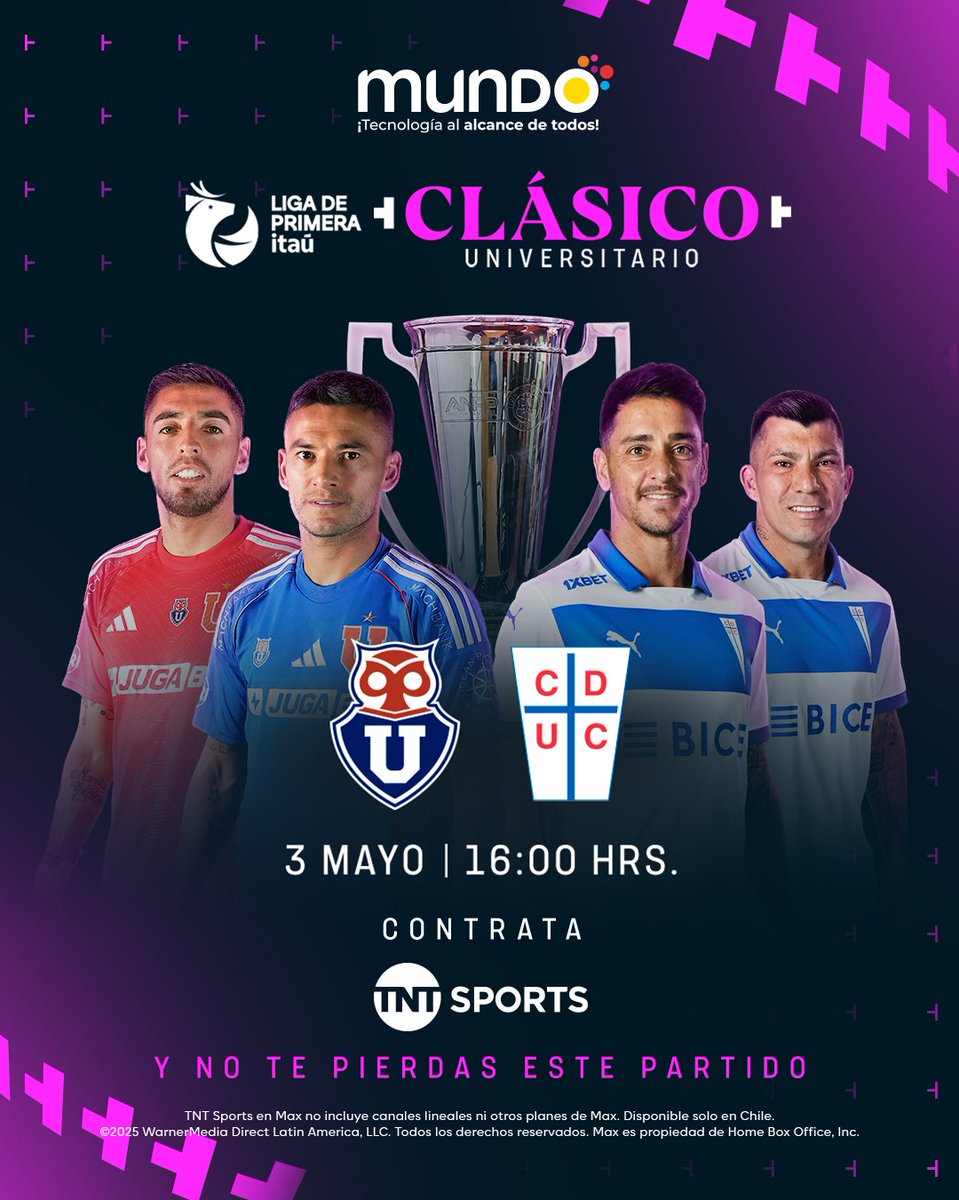 ¡Se viene el Clásico Universitario!  
Este sábado 3 de mayo a las 16:00 hrs, Universidad de Chile y Universidad Católica se enfrentan en el Clásico Universitario.  

📺 Disfrutalo con Mundo por #TNTSportsenMax  Contrata ahora en tumundo.cl o llama al 600 9100 900