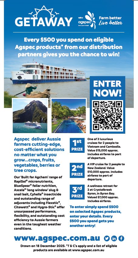 AgspecAus's tweet photo. Purchase $500 of any eligible #agspec product in 2025 &amp; get an entry in the draw to #win 1 of 3 luxury #cruises or a retreat in #ByronBay #Axcela #Rapisol #Flexstic #BlueSpear #AgriSC #Allitron #HygroStic #ausag #farming #agriculture https://t.co/GNDtYaXIWE