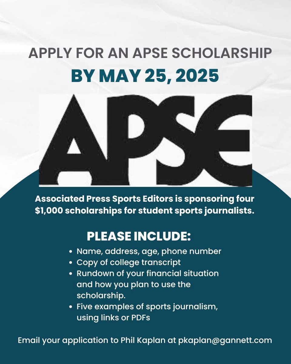 The Associated Press Sports Editors is awarding four $1,000 scholarships to help students to pursue a career in sports journalism. Collegiate journalists entering their sophomore, junior, or senior years in 2025, as well as graduate students, are eligible for the scholarships.