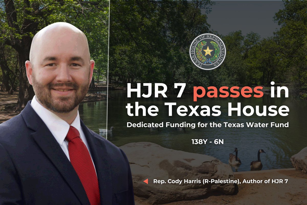 Texas 2036 (@texas2036) on Twitter photo 🚨 JUST IN: The <a href="/TexasHouse/">Texas House of Representatives</a> passed Rep. <a href="/CodyforTexas/">Cody Harris</a>'s HJR 7, proposing a constitutionally dedicated revenue stream — up to $1B/year — for the Texas Water Fund. 💧
Next: The Senate. If passed, Texas voters will vote yay or nay in November. #txlege #txwater 🚨 JUST IN: The <a href="/TexasHouse/">Texas House of Representatives</a> passed Rep. <a href="/CodyforTexas/">Cody Harris</a>'s HJR 7, proposing a constitutionally dedicated revenue stream — up to $1B/year — for the Texas Water Fund. 💧
Next: The Senate. If passed, Texas voters will vote yay or nay in November. #txlege #txwater